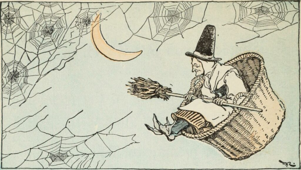 Witch flying in basket with a broom across her lap. She seems perfectly happy but then again she read books with sex in them. Don't be like her.