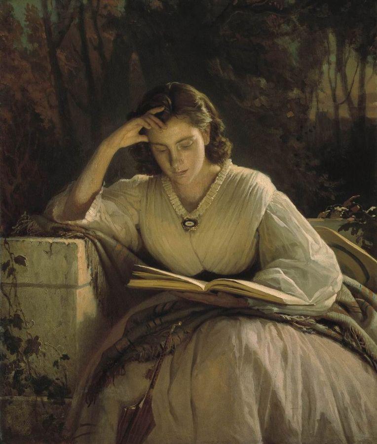 A lovely 1800s woman who is rapt whilst reading a book. No doubt she is reading a sex scene. How dare she!