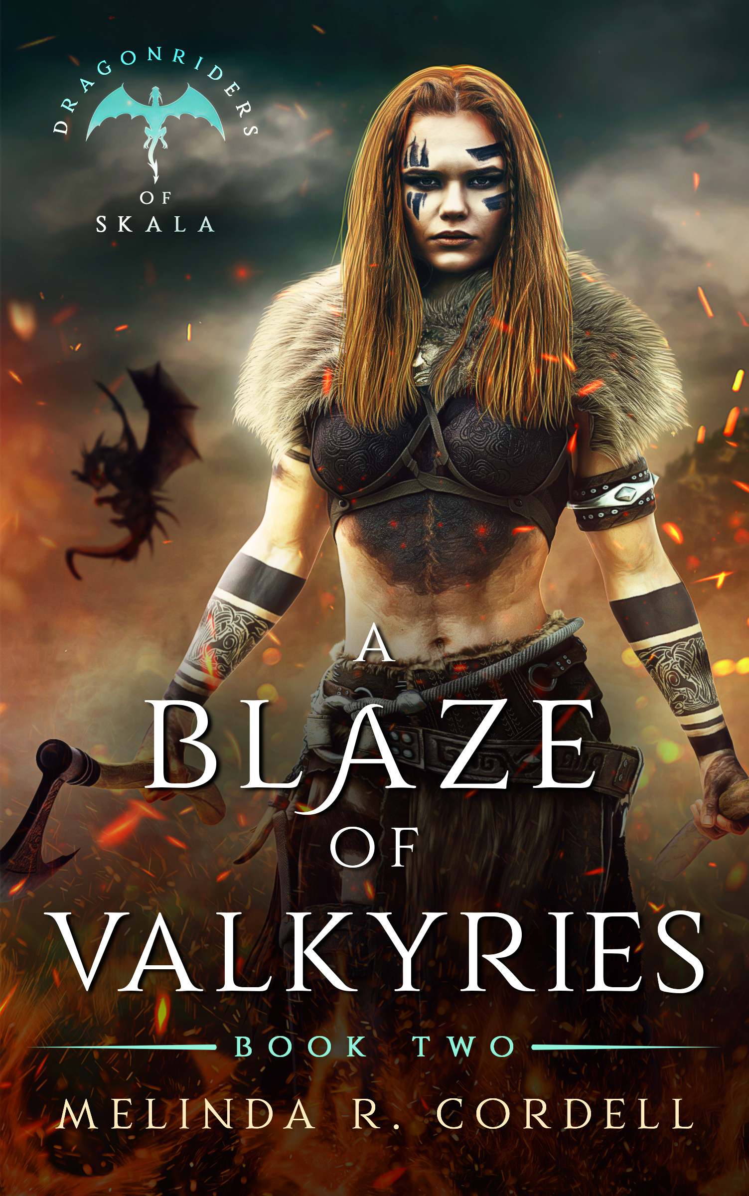 Book cover with a powerful Viking woman and a wicked dragon yo!